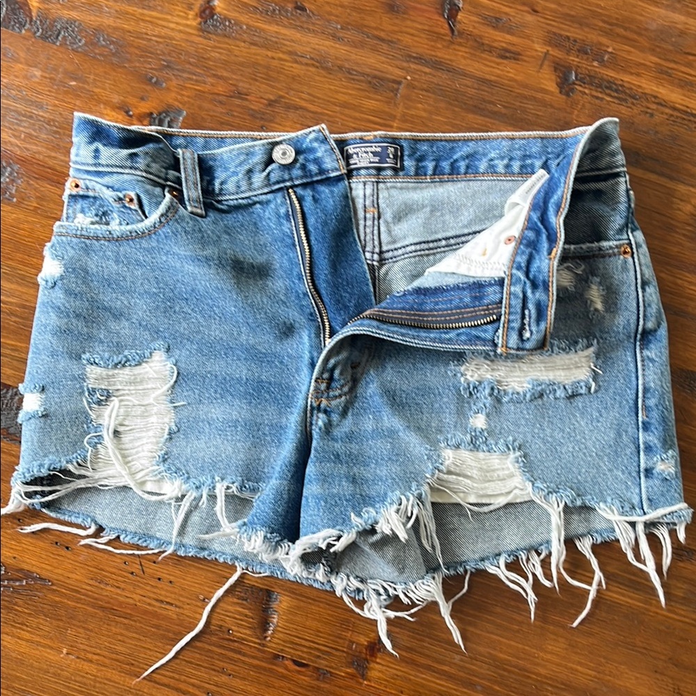 Abercrombie & Fitch Blue Jean Shorts with Distressed Fringe